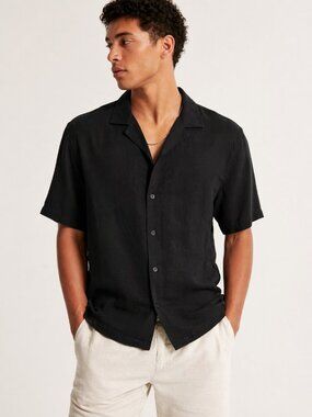 Abercrombie & Fitch Black Linen Blend Camp Shirt Men’s Medium